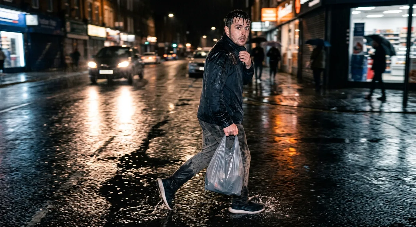 A man in a soaked black jacket carrying a thin plastic bag strides across a wet high street at night, mid-splash, looking back over his shoulder, shopfronts and car headlights smeared in reflections across the road.