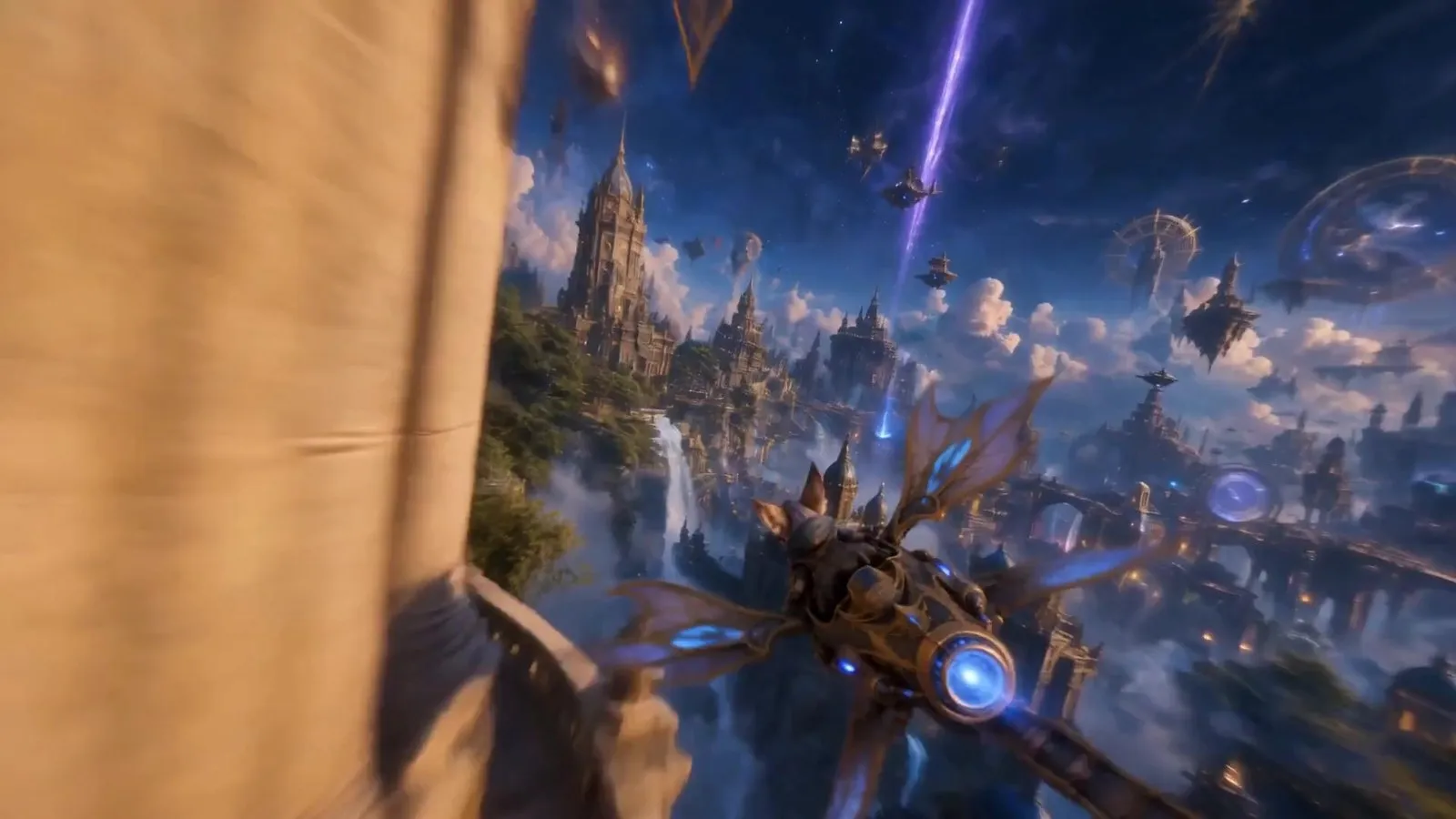 The glider drops away from a stone balcony into a floating city of domes and waterfalls beneath a violet beam.