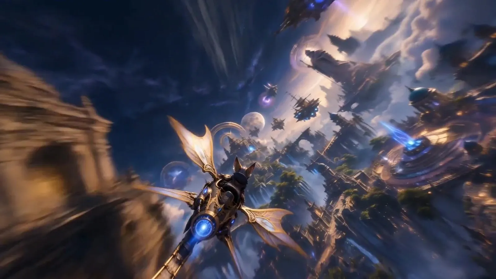 The glider banks hard through arcane rings above the spire city with the towers blurred by speed.