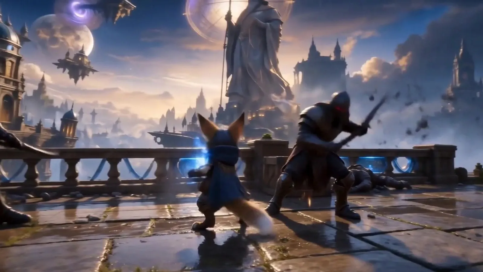 The fox pilot squares up to an armoured enforcer on a wet terrace with a blue blade in her hand and a colossal statue standing behind them.
