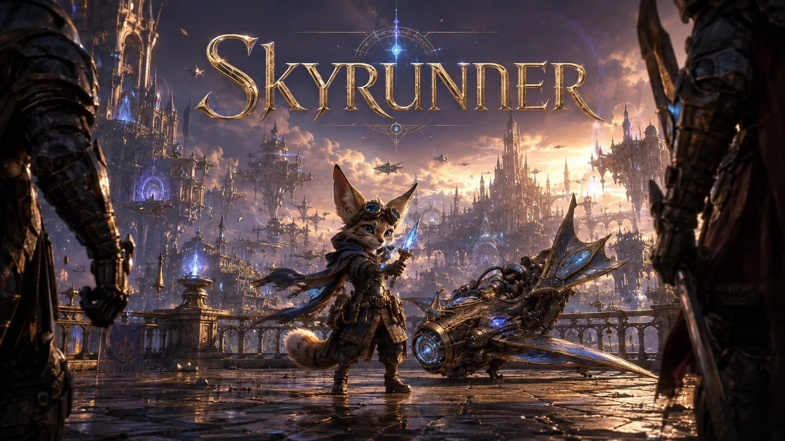 The Skyrunner key art: a small fox pilot in goggles and a flight coat stands beside her folded glider on a wet golden terrace, an armoured figure at each edge of the frame, a floating spire city behind her, the title in gold above.
