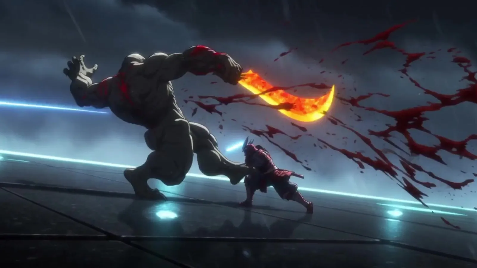 A huge pale predator lunges with a burning orange blade while the small red-armoured bladesman crouches under the swing, blood arcing across the rain-soaked arena floor.