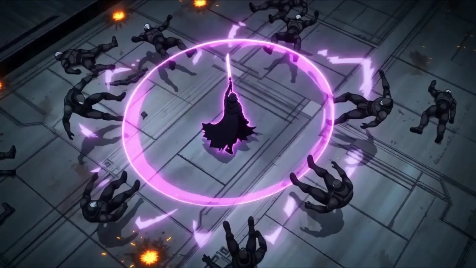 Seen from overhead, a hooded figure stands at the centre of a violet shockwave ring with armoured bodies thrown outward across a metal deck.