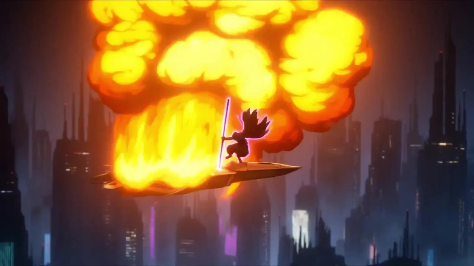 A small figure rides the nose of a burning aircraft as it falls through a neon skyline with an enormous fireball behind it.