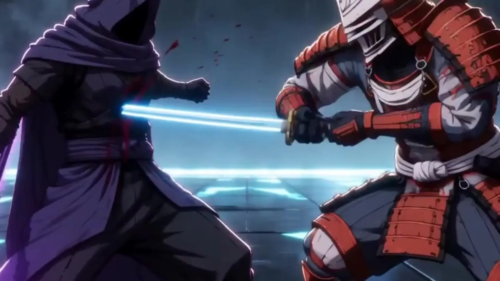 The hooded assassin and the red-armoured bladesman face each other in close up with a bright blue blade held level between them.