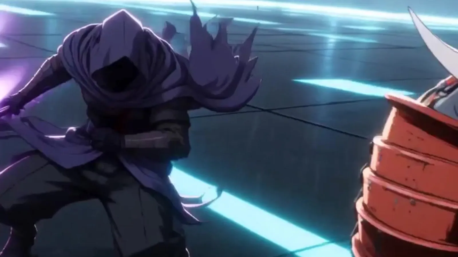 The hooded assassin in three quarter view with the red-armoured bladesman’s shoulder plate filling the right of frame, cyan light streaking the wet deck behind them.