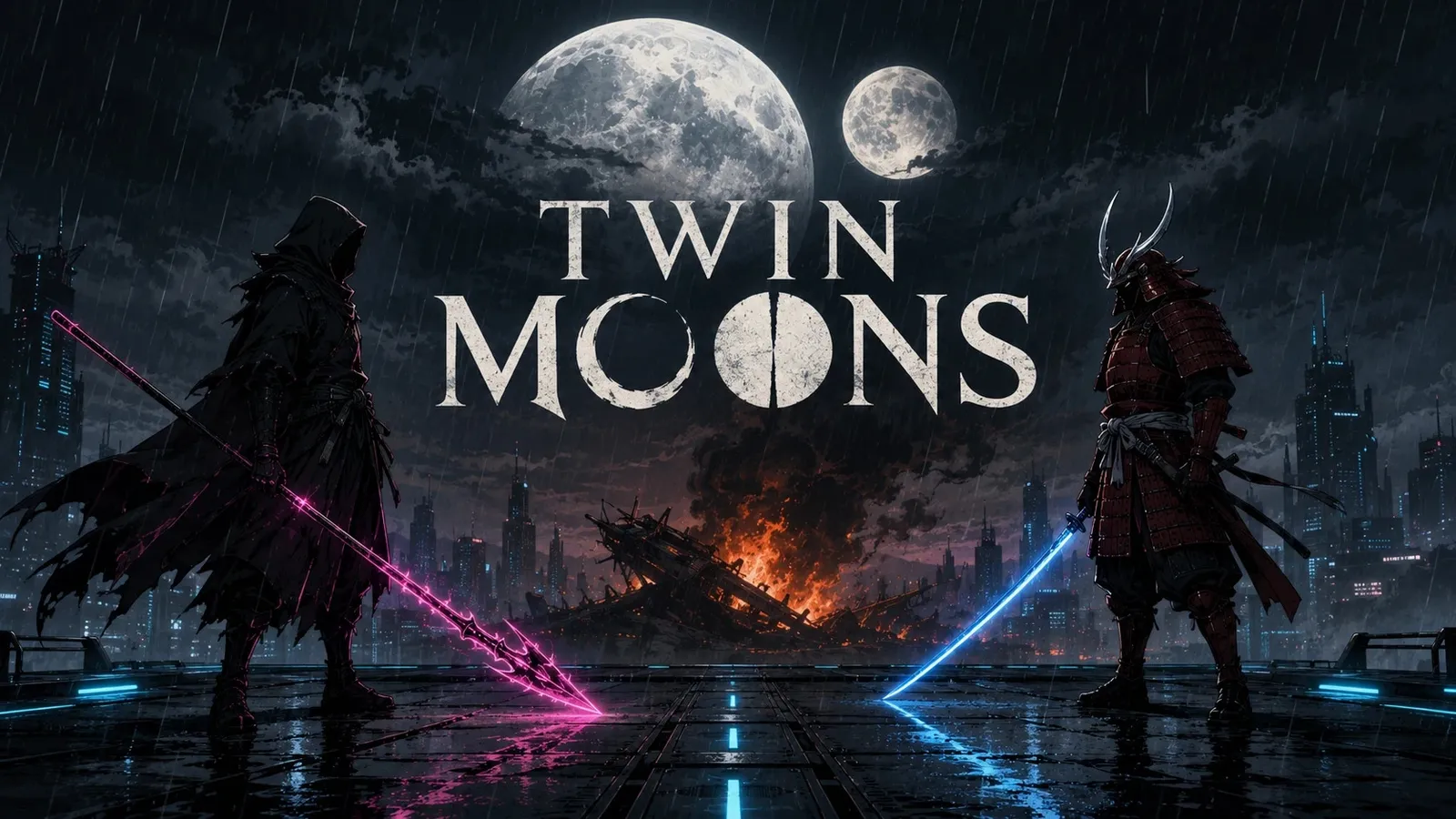 The Twin Moons key art: two swordsmen facing each other across a wet neon platform in the rain, one hooded with a magenta blade and one in red armour with a cyan blade, two moons and a burning wreck behind them over a dark city, the title set between them.