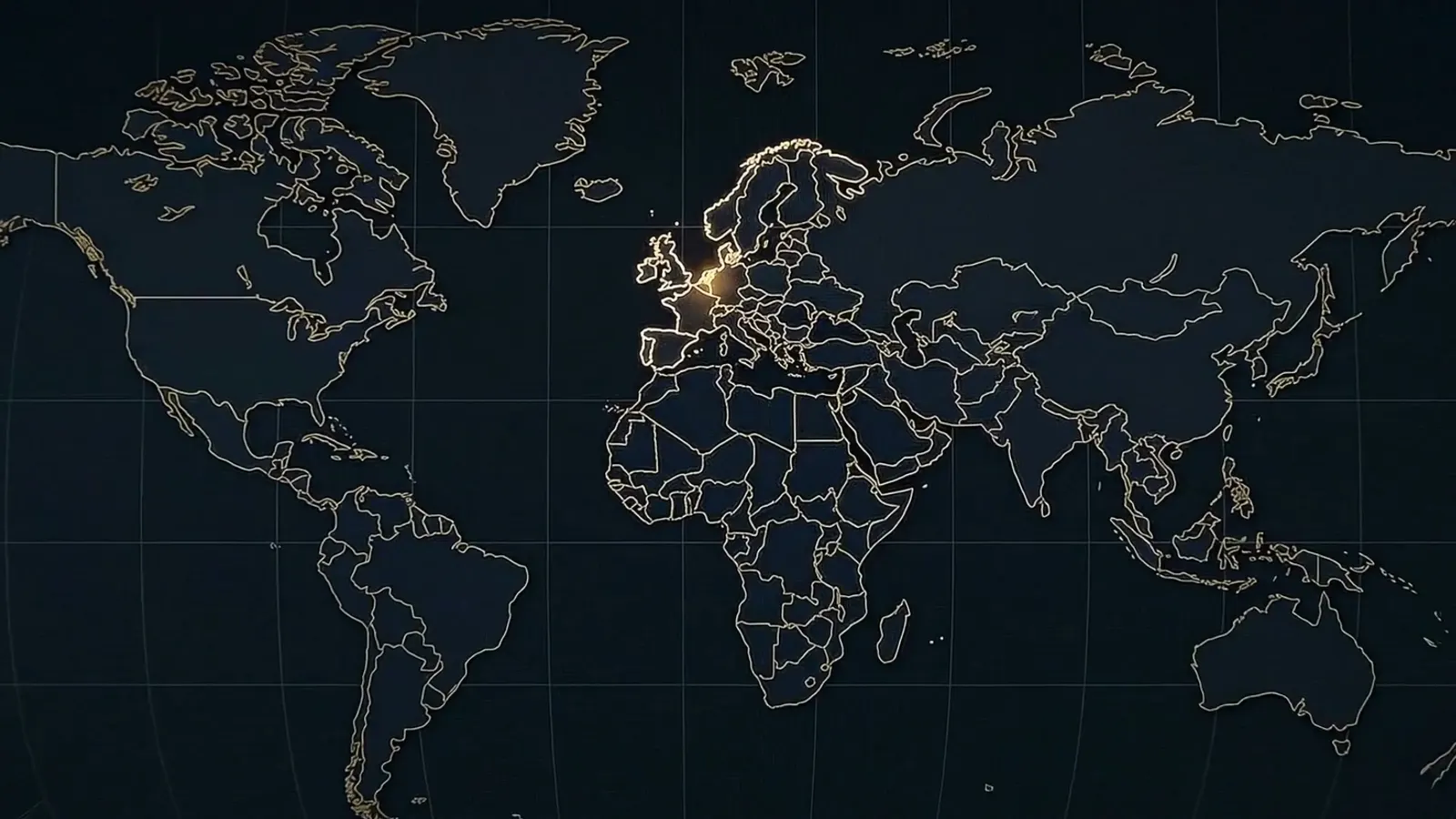 A dark world map in thin gold outline with the Netherlands lit in warm yellow, everything else unlit.