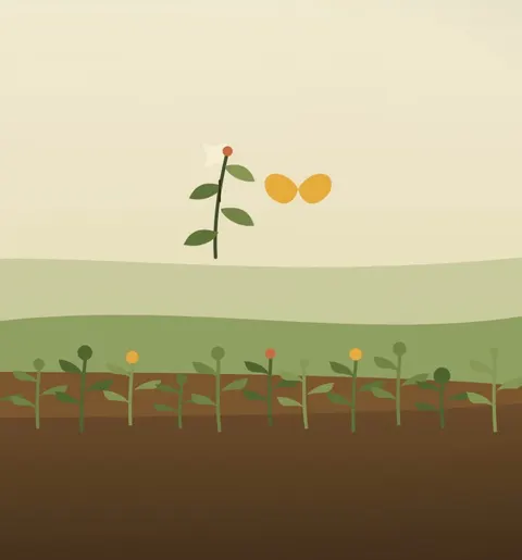 A frame from the film: a drawn kitchen garden in flat warm colour, young vegetables in dark soil, one tall plant in white flower and a yellow butterfly beside it.