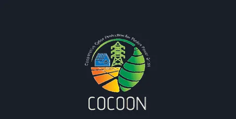 The COCOON project mark, a stylised power pylon and solar panel inside a green cocoon, with the line Cooperative Cyber Protection for Modern Power Grids around it.