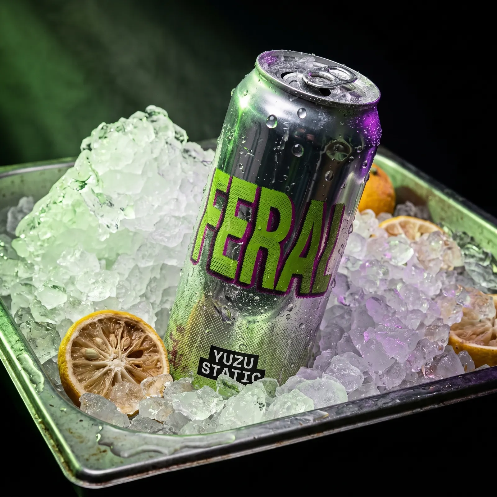 A square crop of the FERAL can in the ice tray, shot closer and lit with green light from behind.