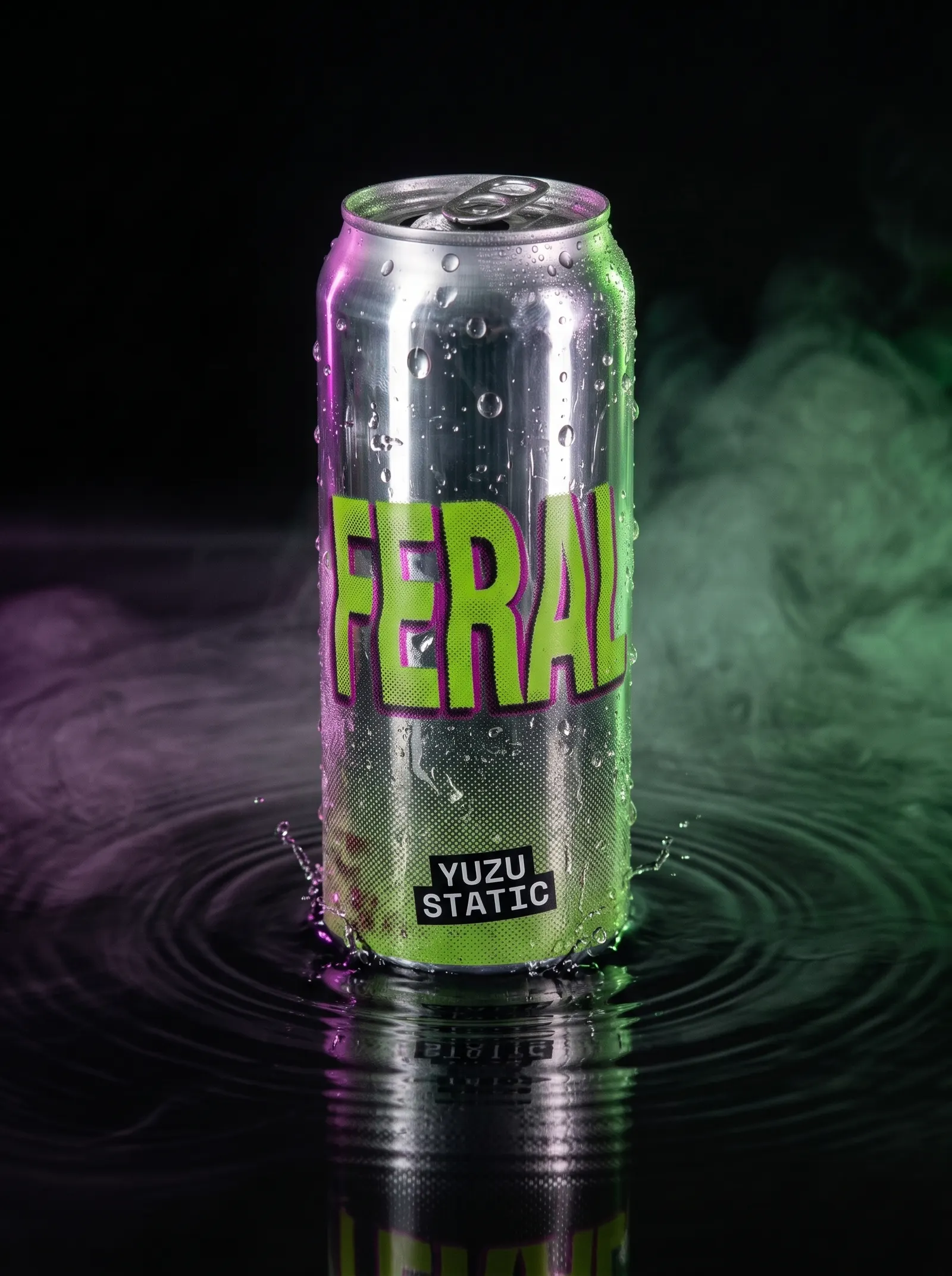 A FERAL Yuzu Static can standing in shallow water, beaded with condensation, magenta and green vapour behind it and a splash around the base.