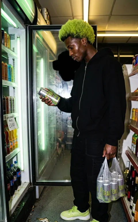 A man with bleached green hair in a black tracksuit reading the side of a FERAL can in front of a lit shop fridge, carrier bags in his other hand.