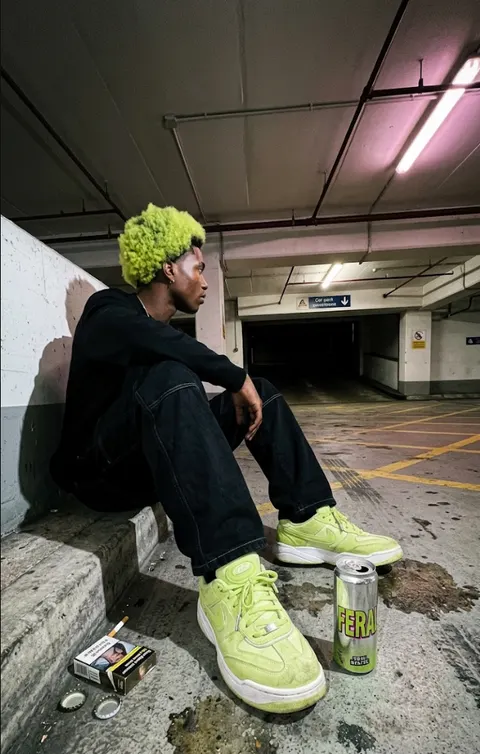 The same man sitting on a kerb in a strip-lit car park at night, a FERAL can on the ground beside his neon trainers.